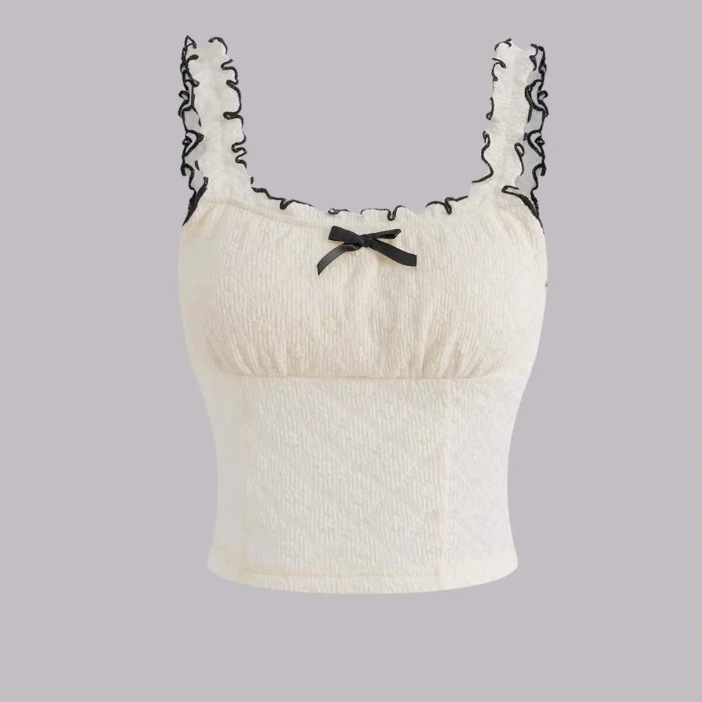 Women’s Cream Ruffle-Trim Tank Top with Black Bow - Picture 2 of 6